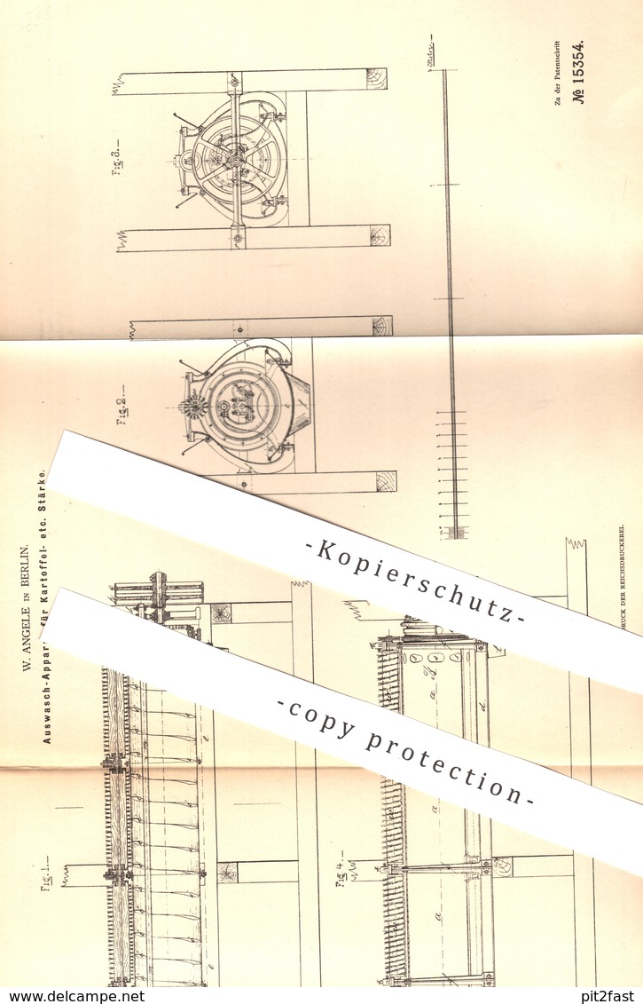 Original Patent - W. Angele , Berlin , 1880 , Auswasch-Apparat Für Kartoffelstärke | Kartoffeln , Zucker , Stärke !! - Historische Dokumente