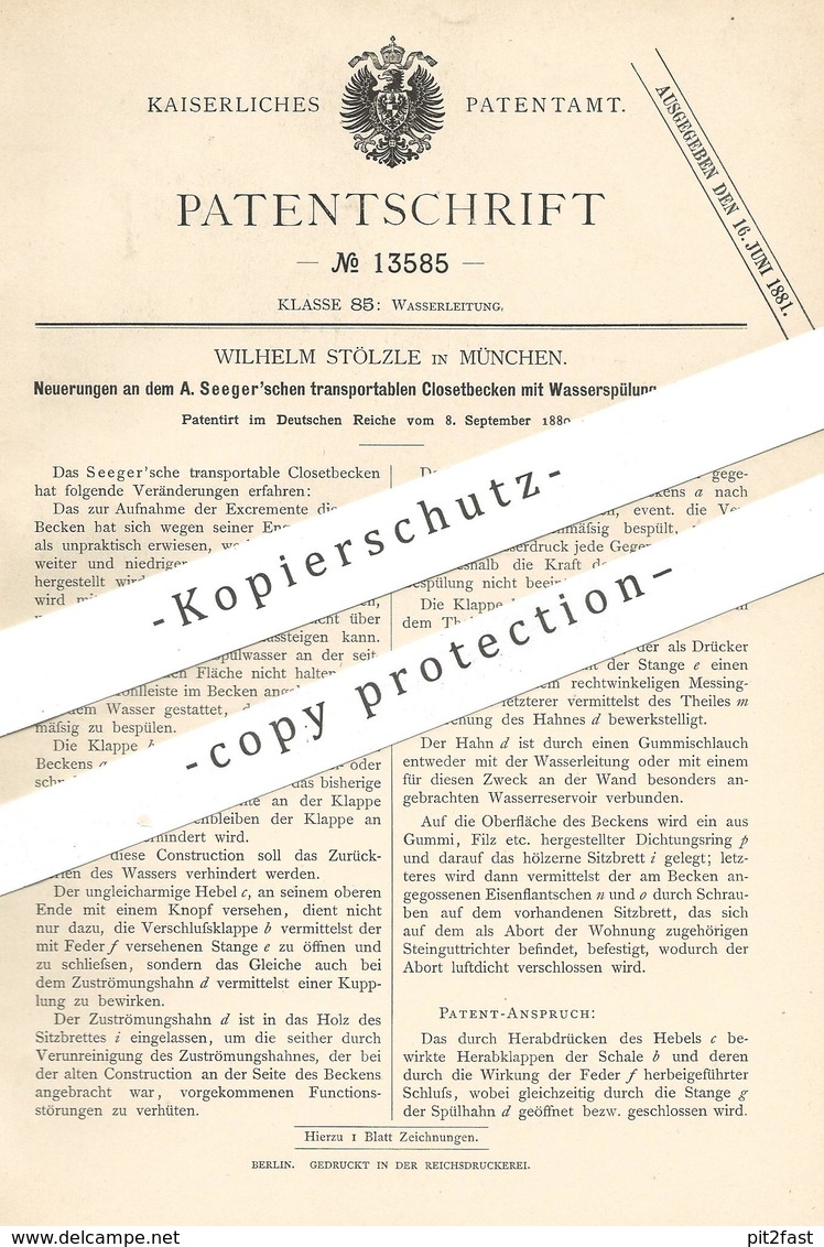 Original Patent - Wilhelm Stölzle , München , 1880 , Klosetbecken Mit Wasserspülung | Toilette , Kloset , WC | A. Seeger - Historische Dokumente