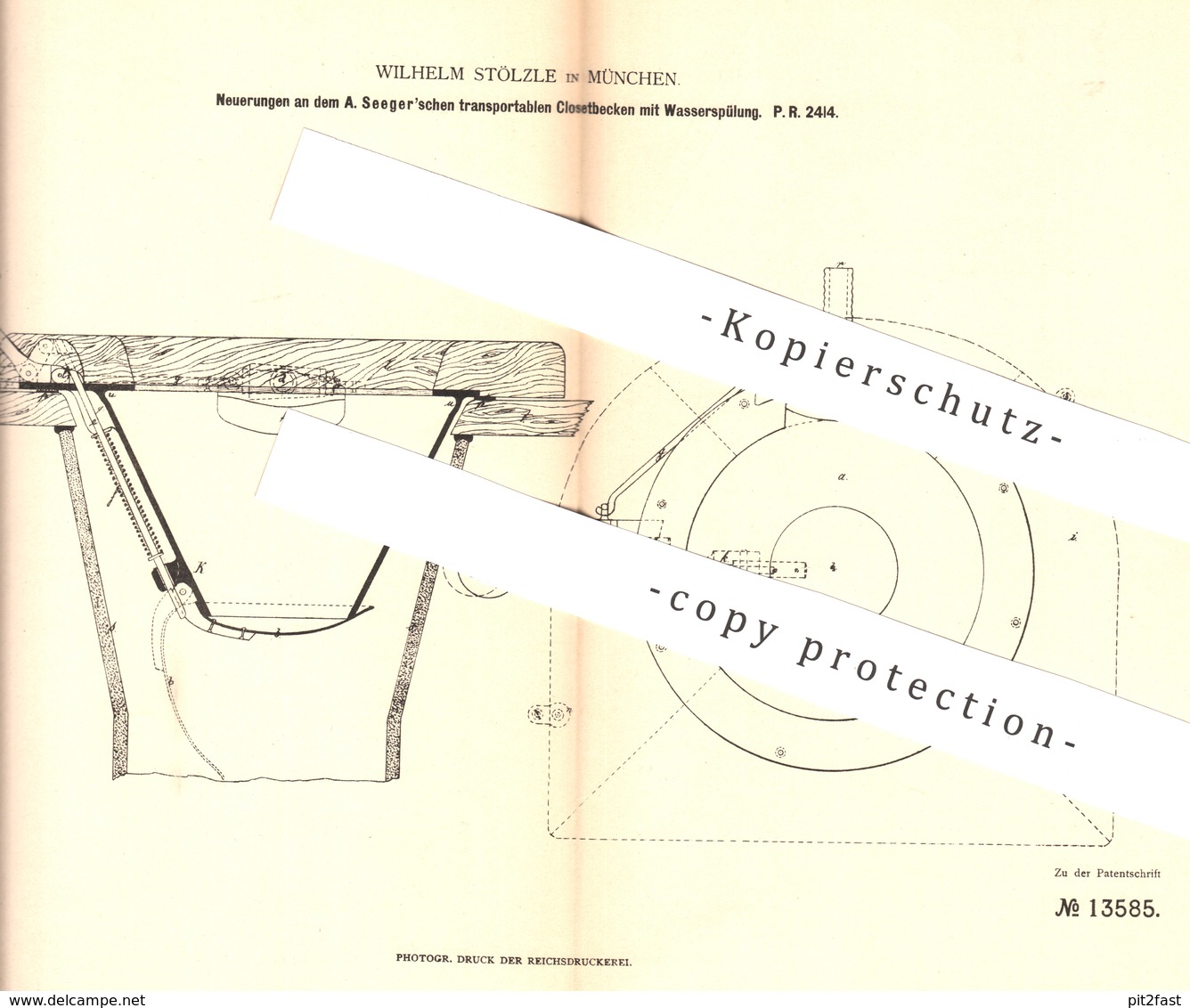 Original Patent - Wilhelm Stölzle , München , 1880 , Klosetbecken Mit Wasserspülung | Toilette , Kloset , WC | A. Seeger - Historische Dokumente