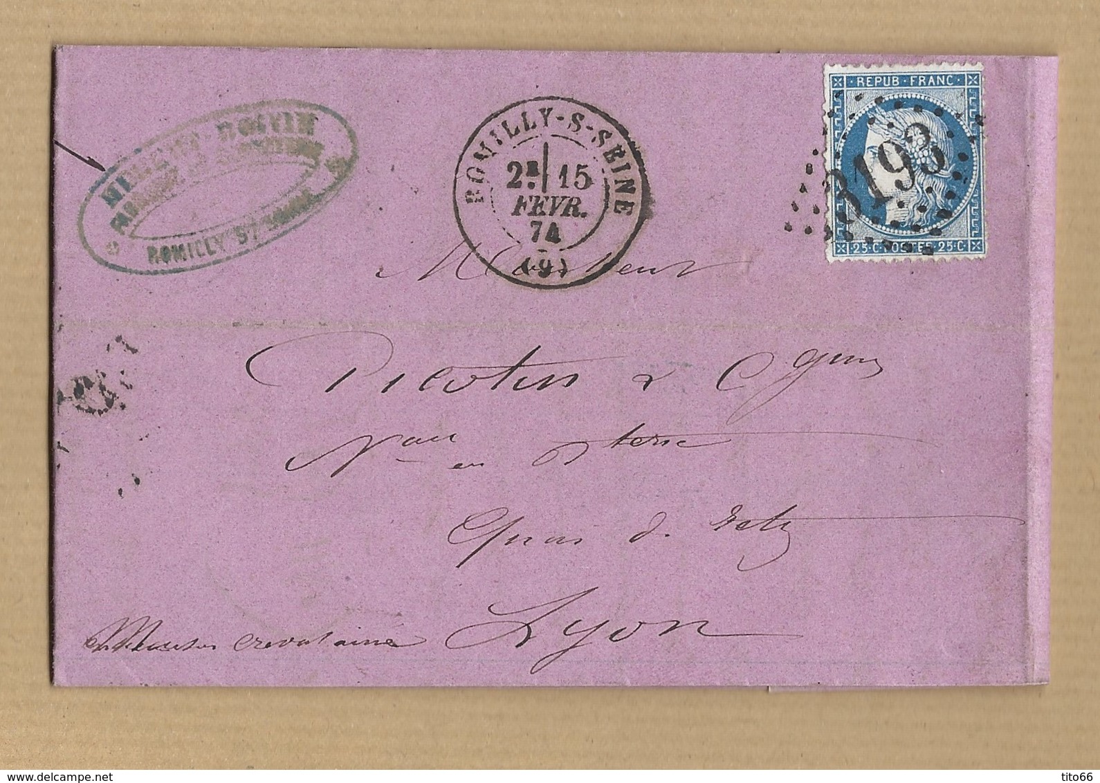 Cérès 60 Sur Lettre De Romilly Sur Seine GC 3193 15/2/1874 Vers Lyon Verso Ambulant Jour Et Nuit + Arrivé - 1849-1876: Période Classique