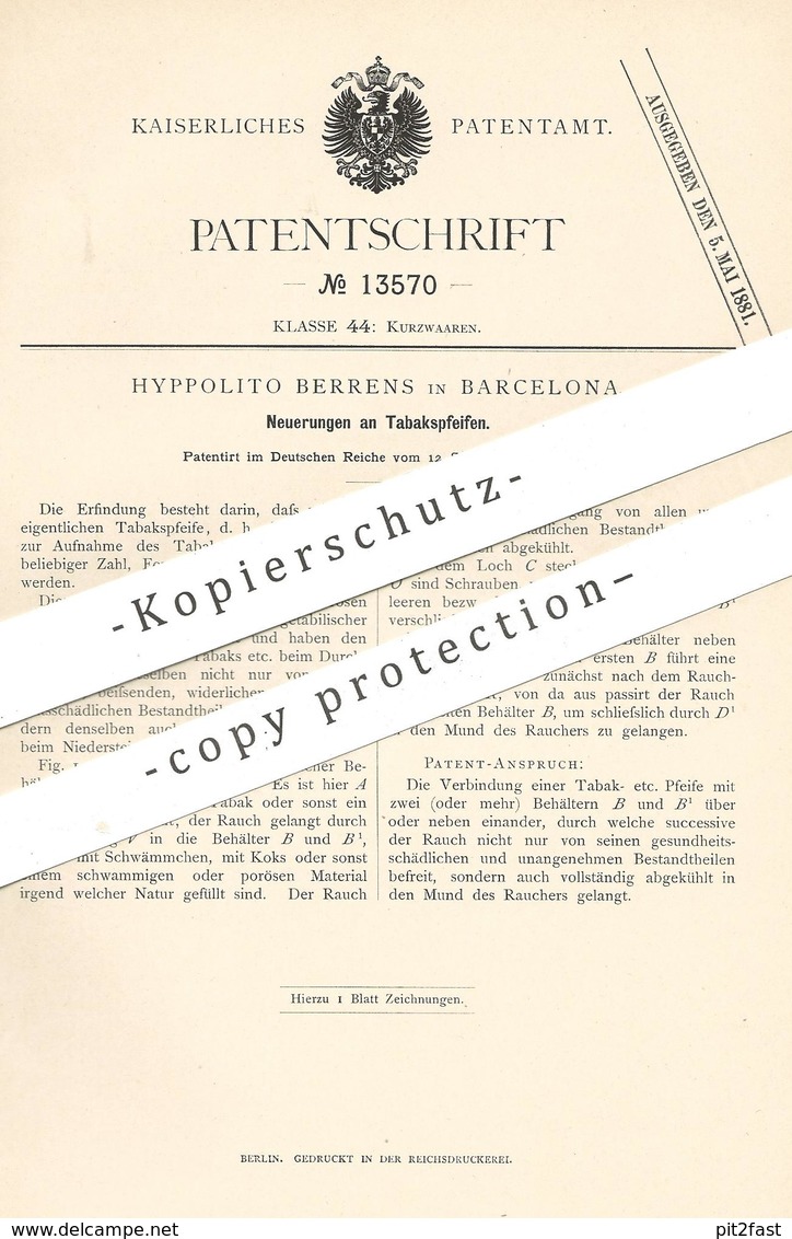 Original Patent - Hyppolito Berrens , Barcelona , Spanien , 1880 , Tabakspfeife | Tabak - Pfeife | Pfeifen , Rauchen !! - Historische Documenten