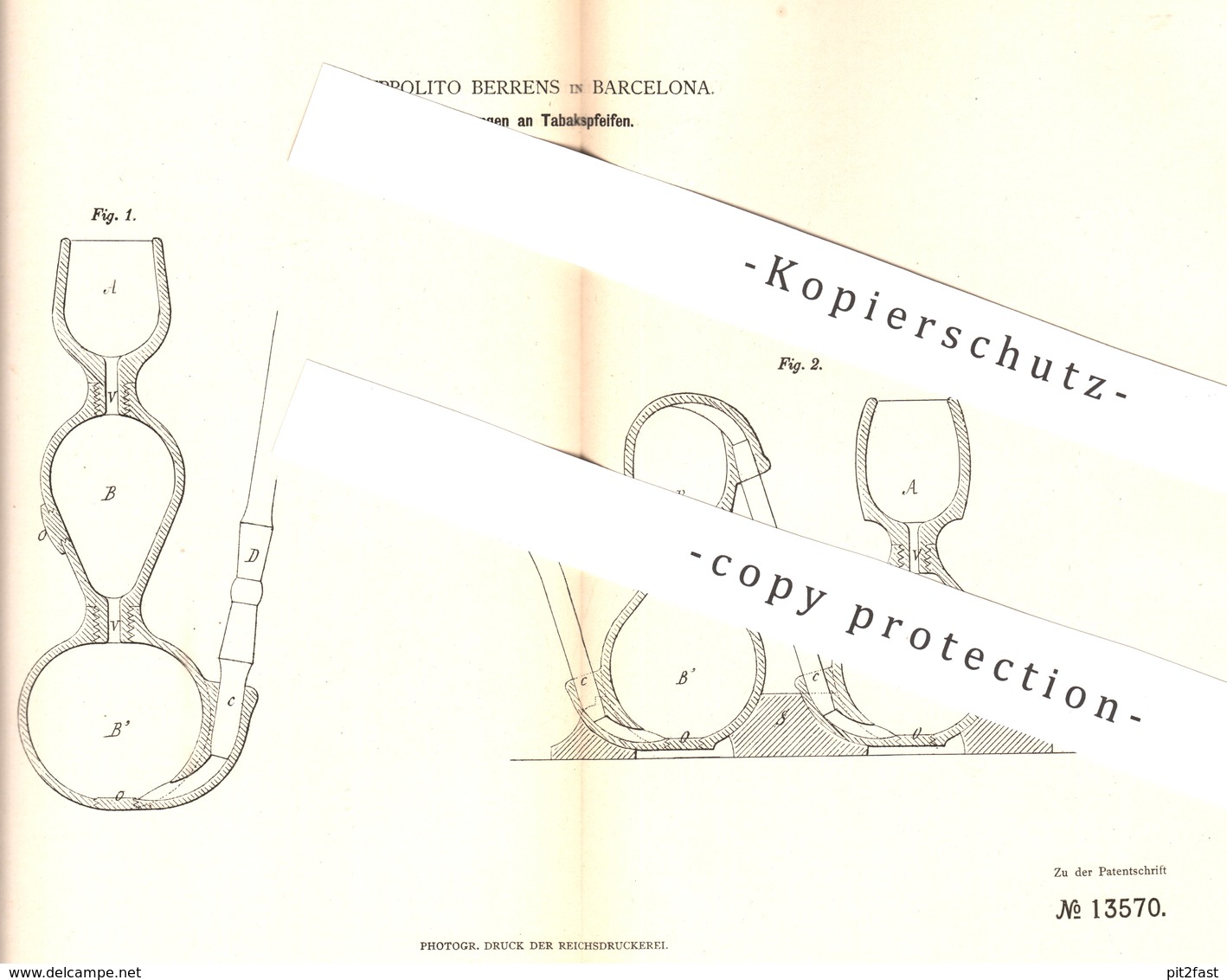 Original Patent - Hyppolito Berrens , Barcelona , Spanien , 1880 , Tabakspfeife | Tabak - Pfeife | Pfeifen , Rauchen !! - Historische Dokumente