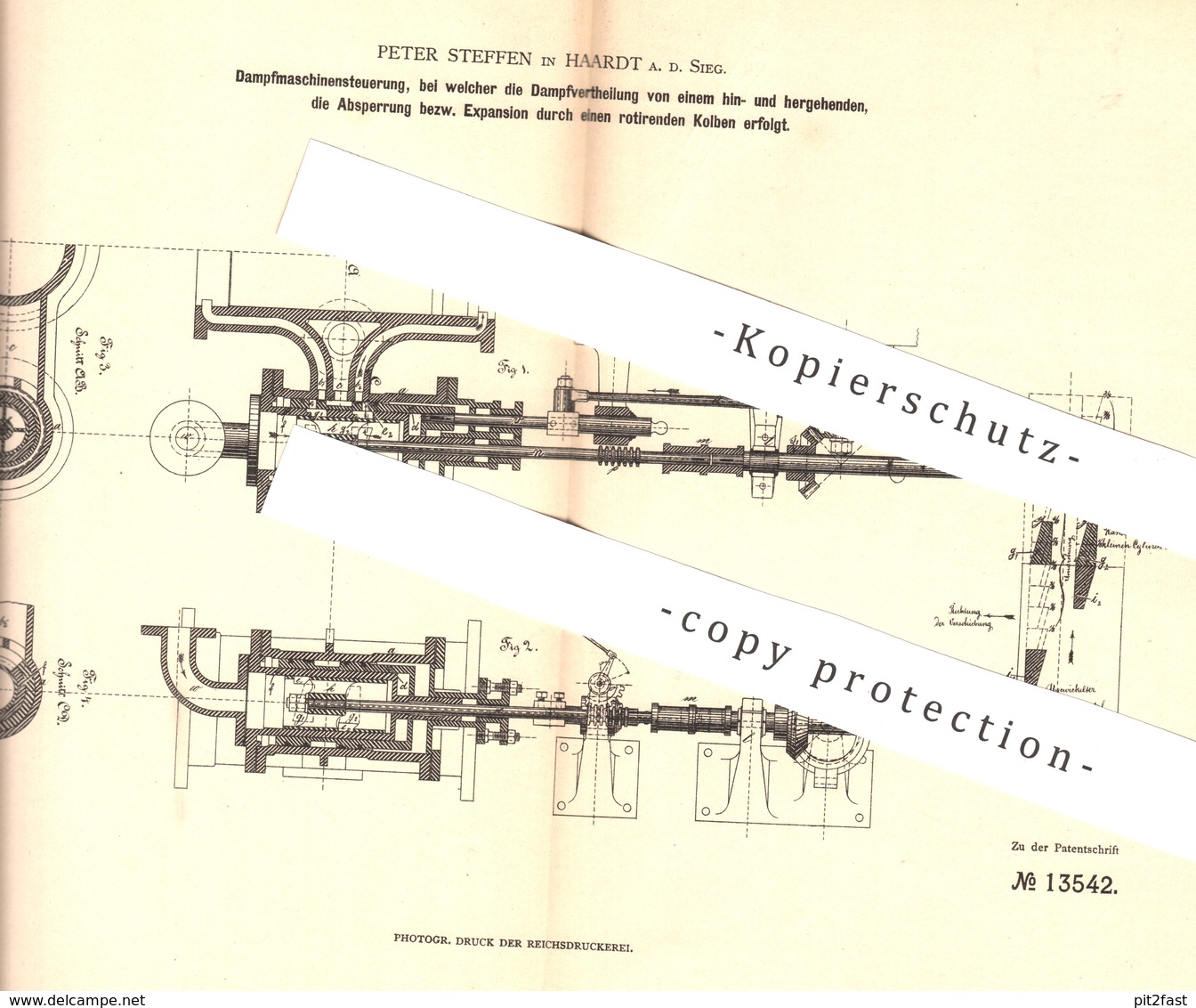 Original Patent - Peter Steffen , Haardt / Sieg , 1880 , Steuerung Für Dampfmaschinen | Dampfmaschine , Motor , Motoren - Historische Dokumente