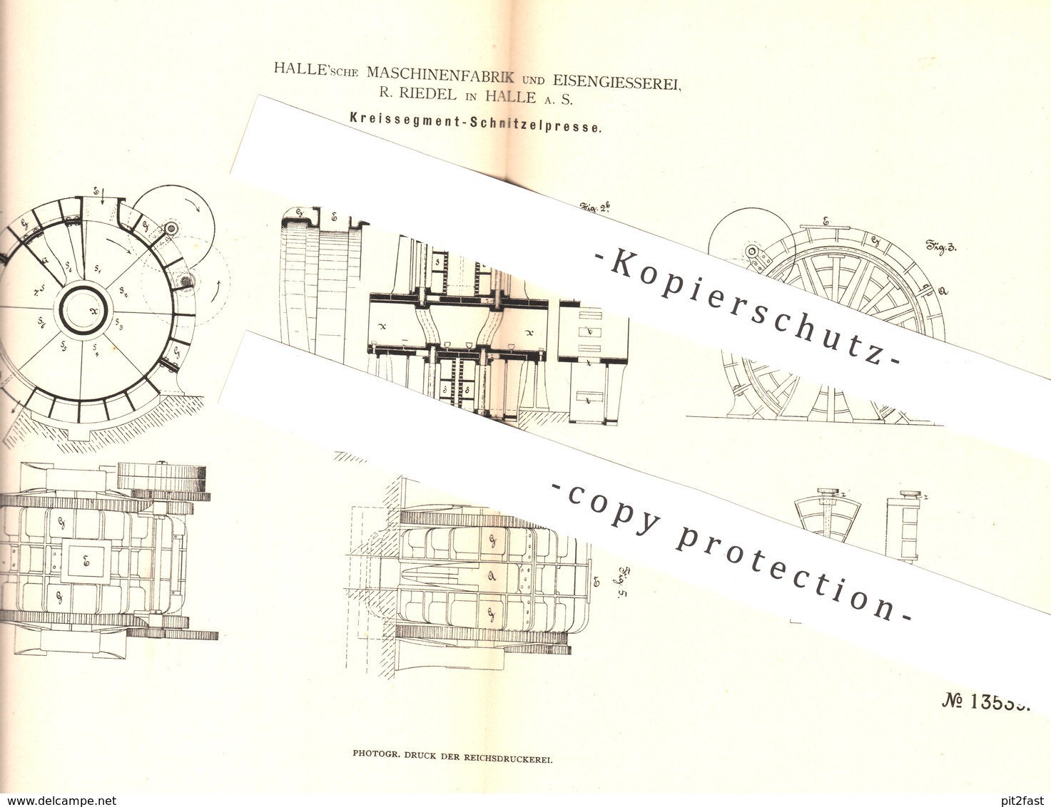 Original Patent - Halle'sche Maschinenfabrik & Eisengießerei R. Riedel , Halle / Saale , Kreissegment - Schnitzelpresse - Historische Dokumente