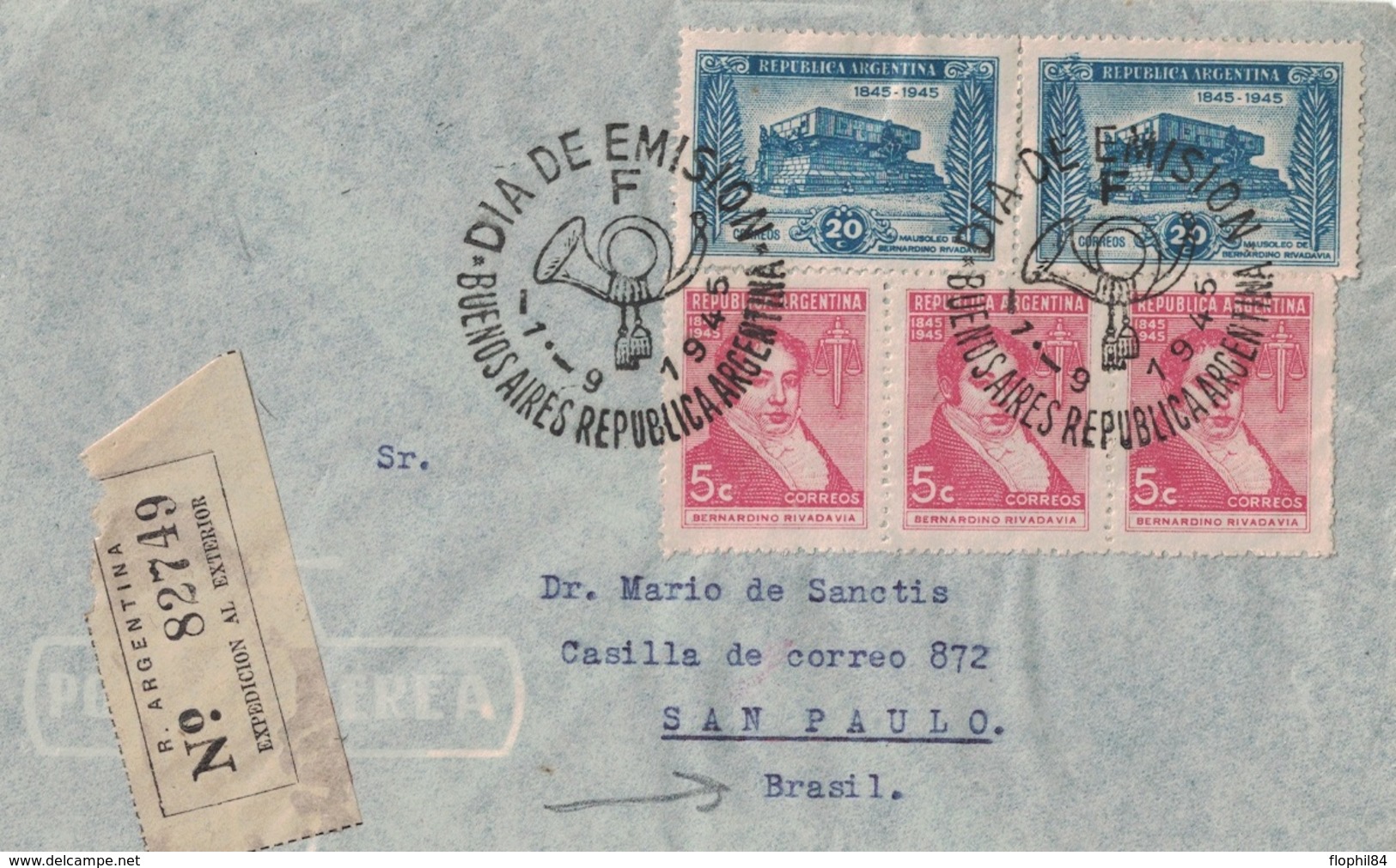 ARGENTINE - 1ER JOUR RECOMMANDE LE 1-9-1945 - LETTRE RECOMMANDEE POUR SAN PAULO BRASIL. - Brieven En Documenten