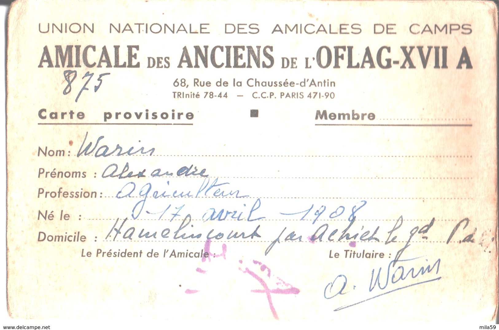 Union Nationale Des Amicales De Camps. Amicale Des Anciens De L'Oflag XVII A. Alexandre Warin Hamelincourt. - Non Classificati