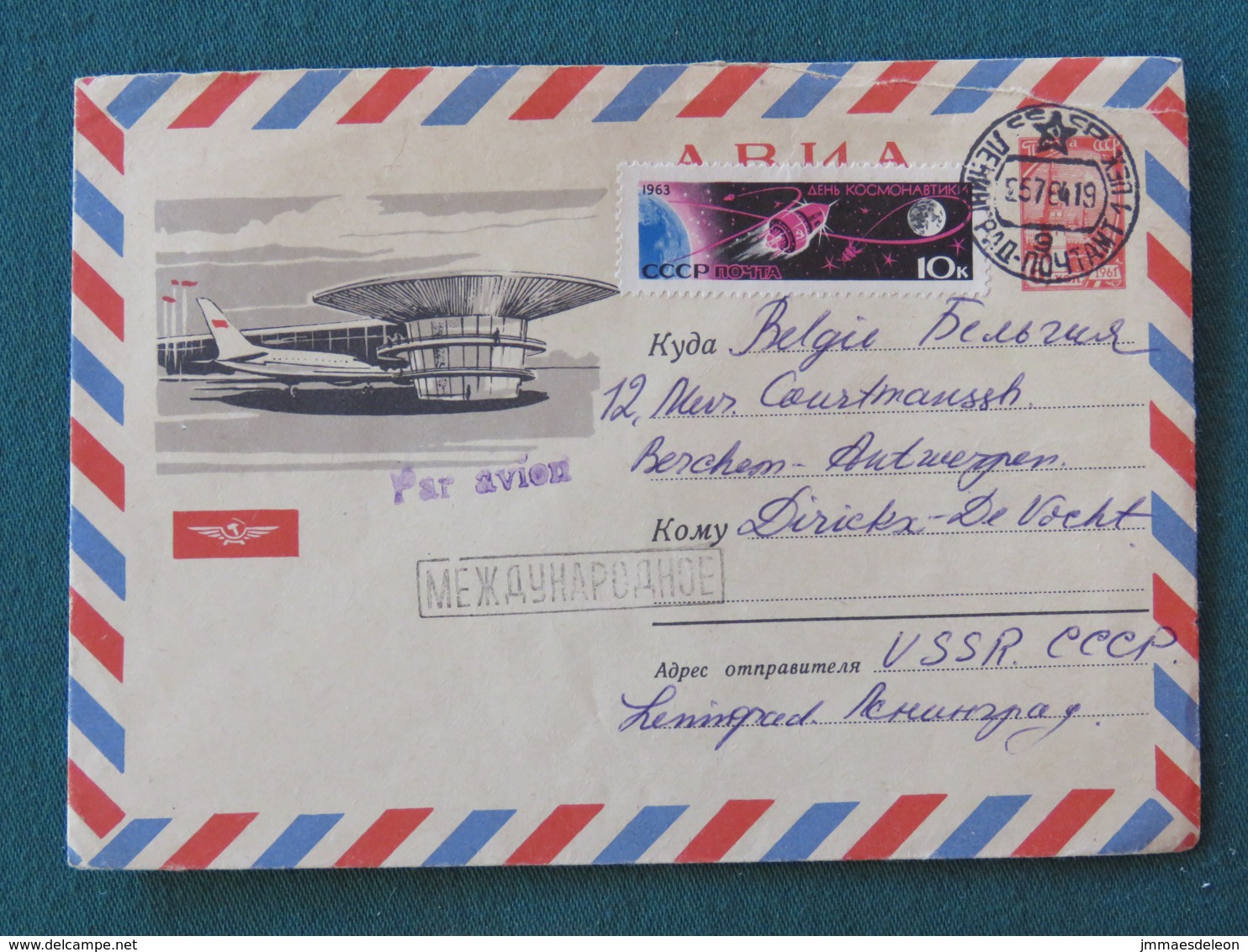 Russia (USSR) 1964 Stationery Cover Leningrad To Belgium - Kremlin - Space - Plane - Airport - Brieven En Documenten