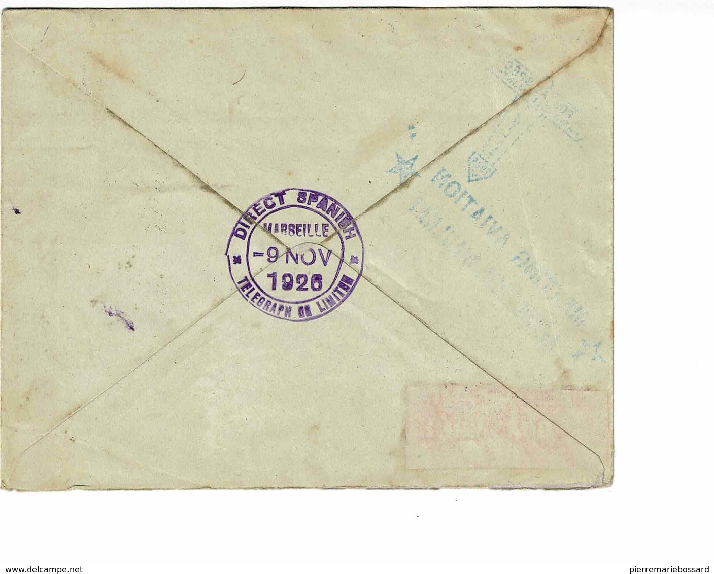 AVIATION PLI VOL SPECIAL FRANCE , ALGER LE 13-11-1926 / VERSO CACHET DIRECT SPANISH TELEGRAPH 9-11-1926 POUR MARSEILLE - Autres - Afrique