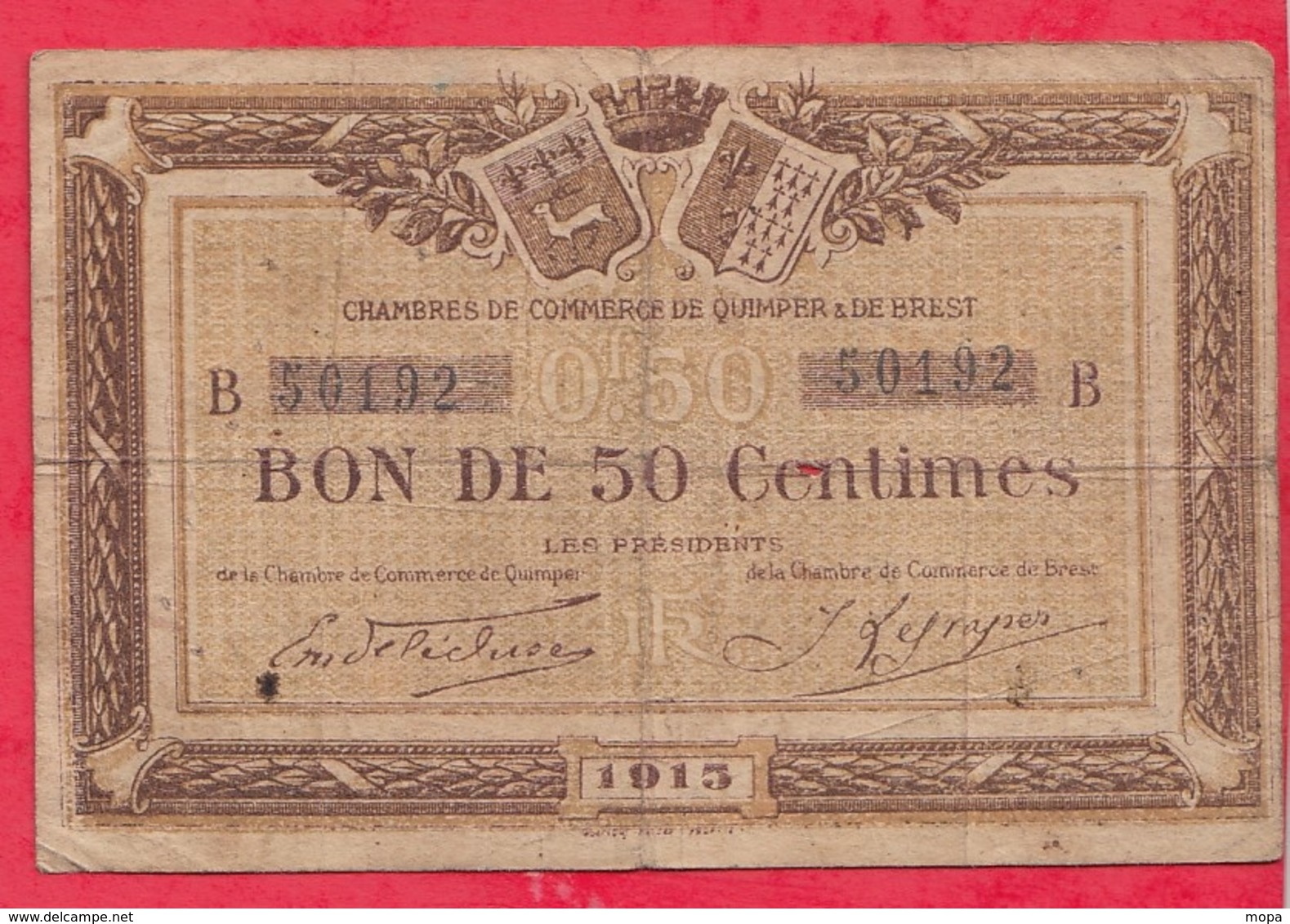 50 Centimes Chambre De Commerce De Quimper & Brest  Dans L 'état (125) - Chambre De Commerce