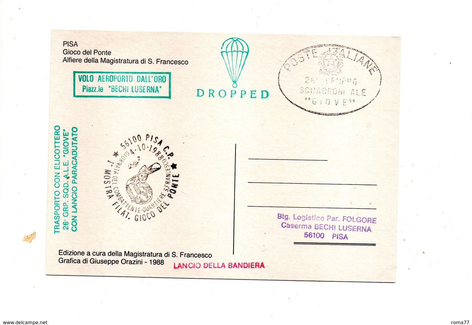 LAB559 - ITALIA 1988 , PISA Aeroporto Dall'oro . Elicottero Con Lancio Paracadutato - Elicotteri