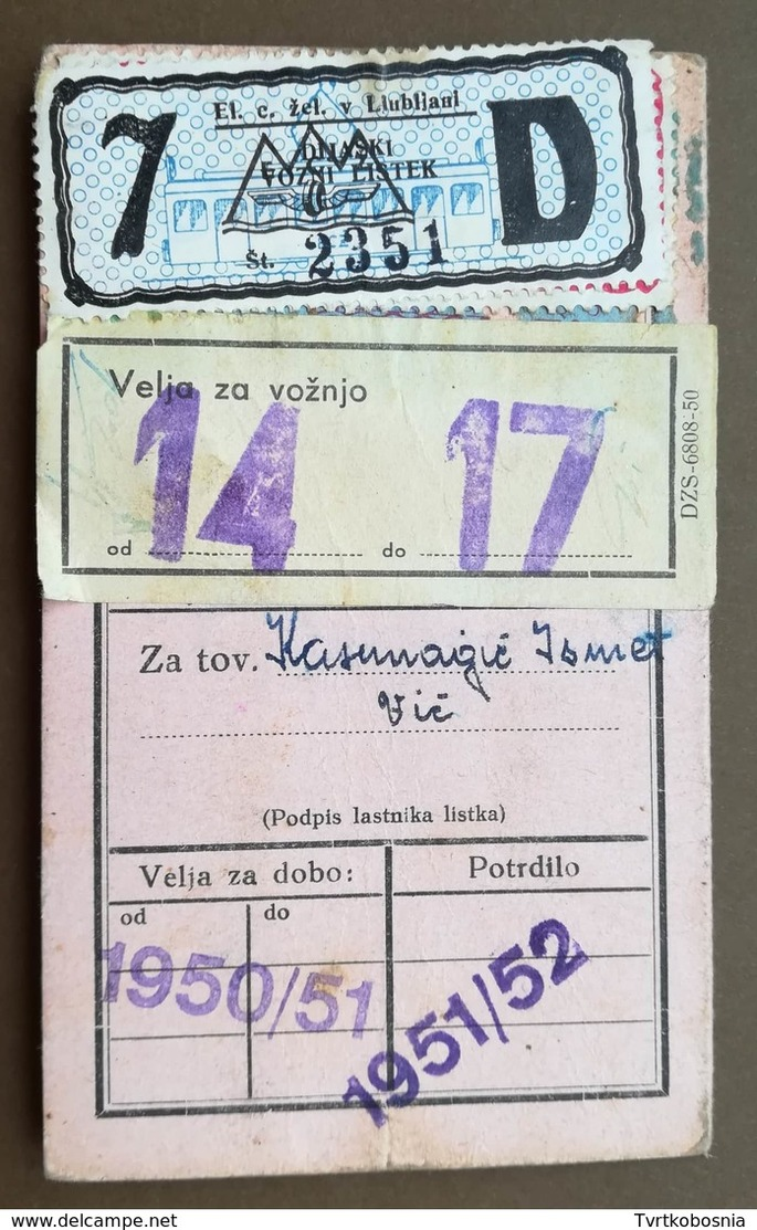 1950 SLOVENIA Male Annual Tramcar TIcket For University Student - Europe