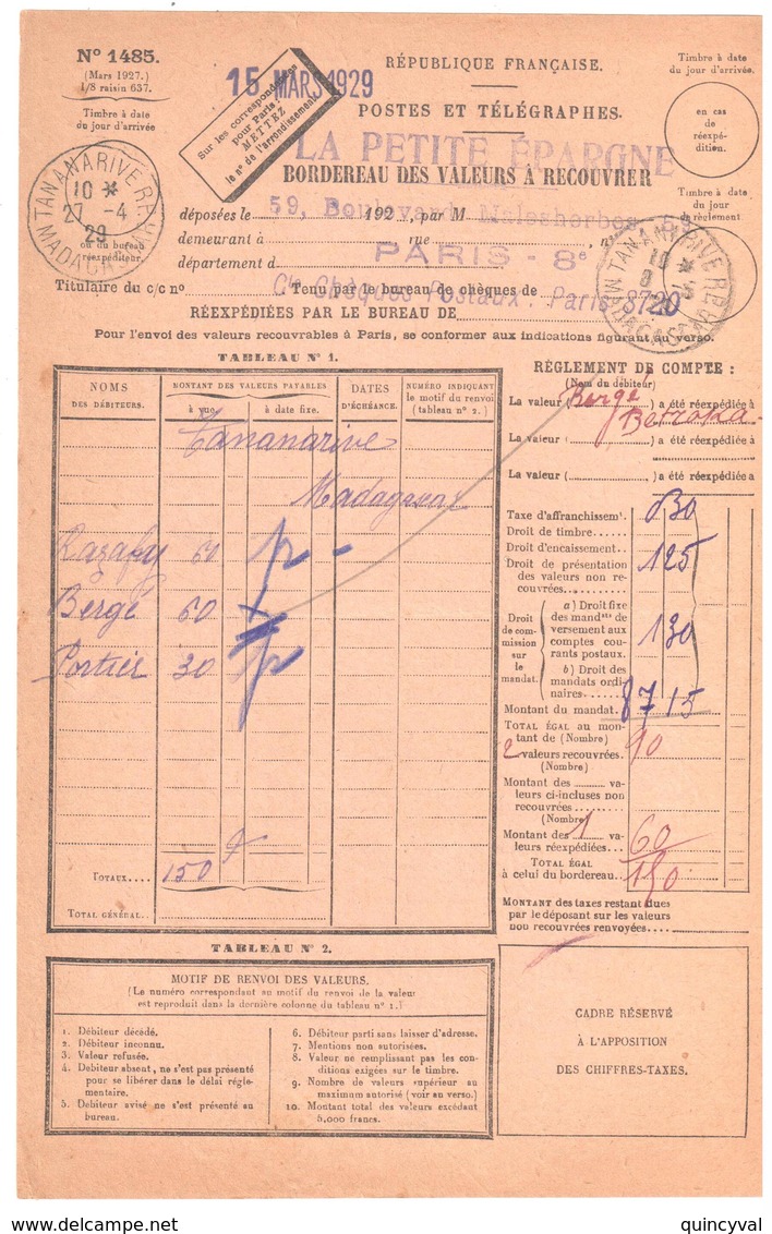 TANANARIVE RP Madagascar 1929 Bordereau Valeur Recouvrée 1485 ENTIEREMENT Recouvré Donc Sans Timbre Taxe Type 04 - Otros & Sin Clasificación