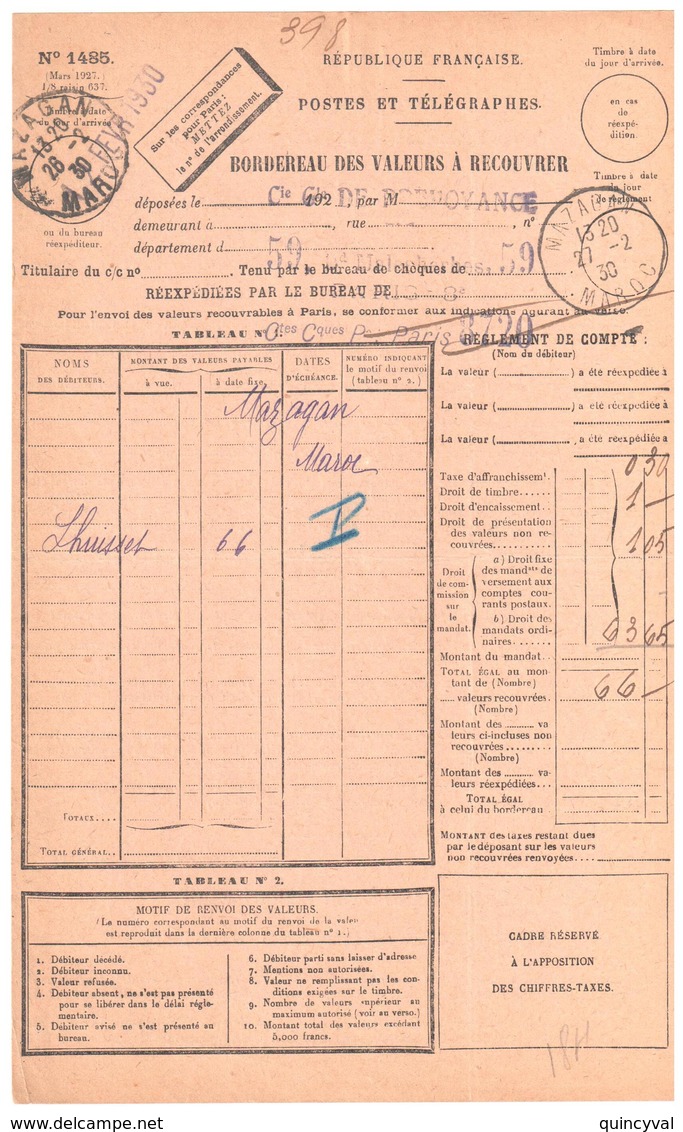 MAZAGAN Maroc 1930 Bordereau Valeur Recouvrée 1485 ENTIEREMENT Recouvré Donc Sans Timbre Taxe Type 04 - Altri & Non Classificati