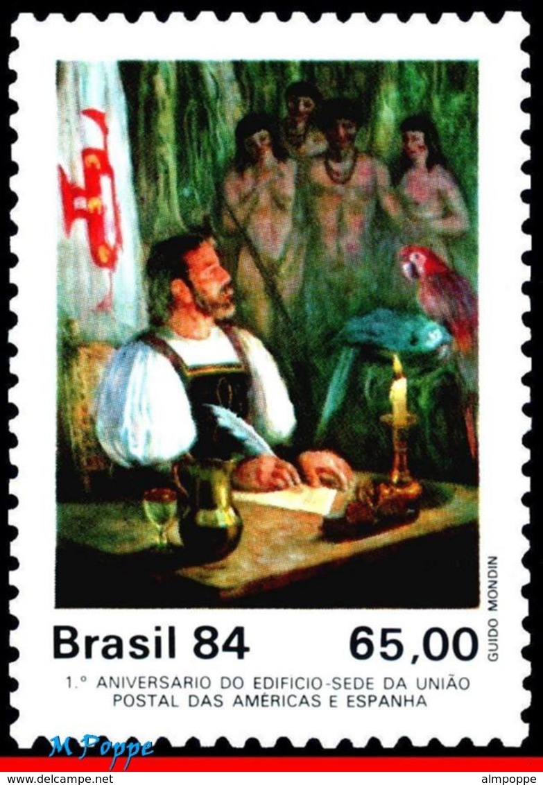 Ref. BR-1923 BRAZIL 1984 PAINTINGS, FIRST LETTER MAILED,, BUILDING UPAEP, PARROT, MI# 2044, MNH 1V Sc# 1923 - Neufs