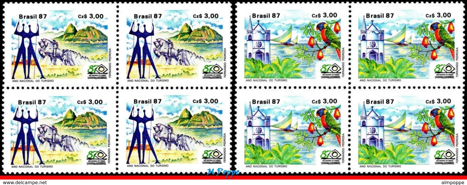 Ref. BR-2109-10-Q BRAZIL 1987 TOURISM, MONUMENTS, SCULPTURE,, CHURCH, PARROT, SAILBOATS, BLOCKS MNH 8V Sc# 2109-2110 - Parrots