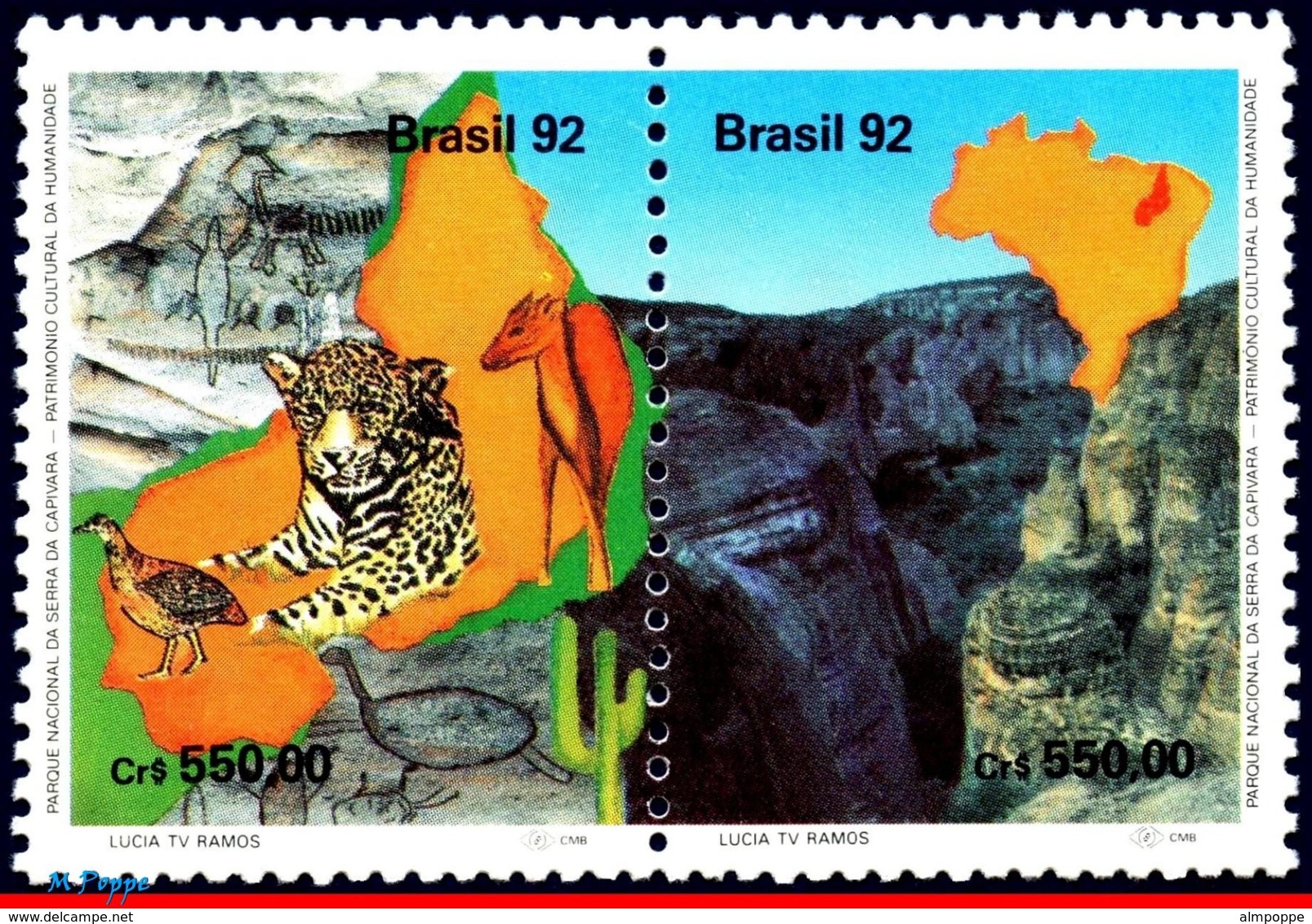 Ref. BR-2383A BRAZIL 1992 ANIMALS, FAUNA, NTL PARK,LEOPARD,CANYON,, CATS,CULT.HERITAGE,MI#2489-90 MNH 2V Sc# 2382-2383 - Neufs