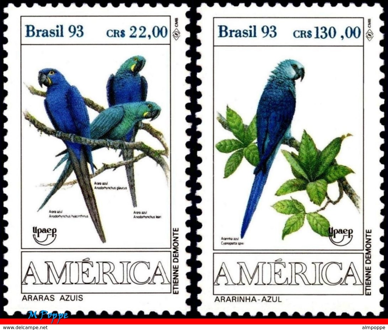 Ref. BR-2423-24-Q BRAZIL 1993 BIRDS, PARROTS, AMERICA ISSUE,, UPAEP, FAUNA, MI# 2548-49, BLOCKS MNH 8V Sc# 2423-2424 - Neufs