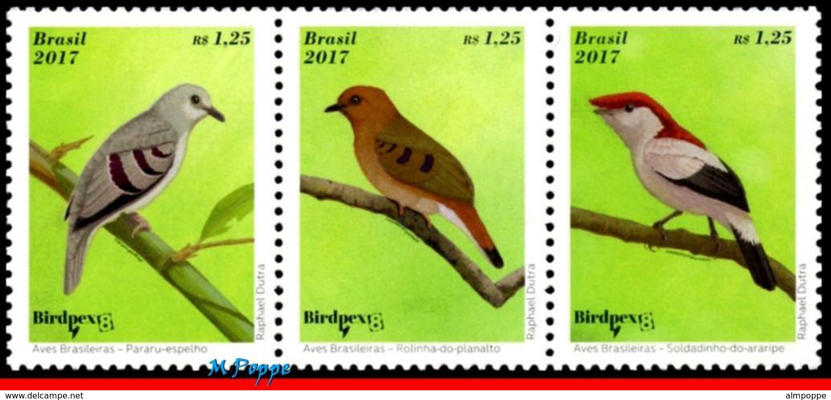 Ref. BR-V2017-04-1 BRAZIL 2017 BIRDS, BRAZILIAN BIRDS,, ENDANGERED, BIRDPEX 8, SET MNH 3V - Passereaux