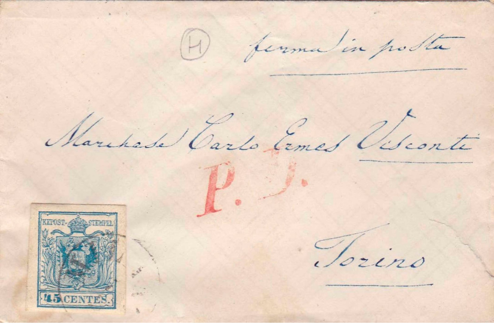LOMBARDO VENETO-1854/57-Catalogo Sassone N° 22-45 Cent.azzurro-busta - Lombardo-Veneto