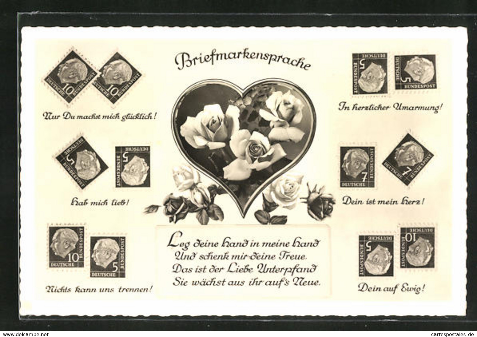 AK Briefmarkensprache, Rosen In Herz, Briefmarken Theordor Heuss, Motivsprüche Nur Du Machst Mich Glücklich - Briefmarken (Abbildungen)