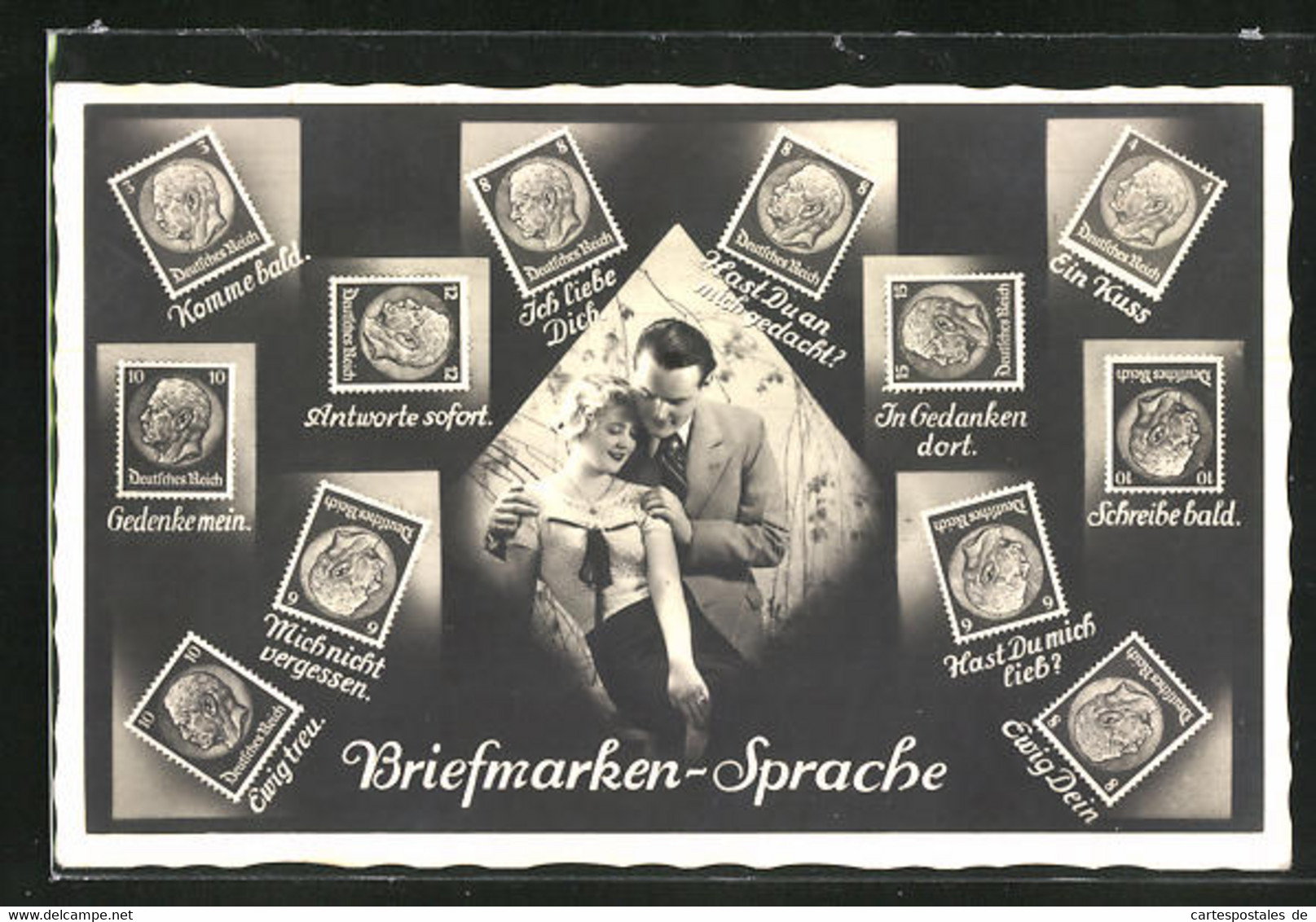 AK Briefmarkensprache, Verliebtes Paar, Bismarck Briefmarken Mit Motivsprüchen, In Gedanken Dort - Briefmarken (Abbildungen)
