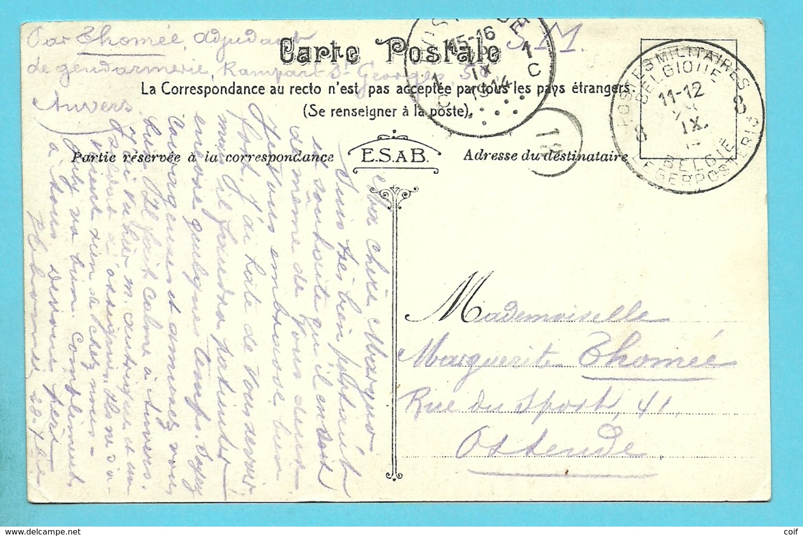 Kaart (Anvers) Stempel POSTES MILITAIRES 8 Op 28/09/1914 Naar OOSTENDE Op 29/09/1914 (Offensief W.O.I) - Army: Belgium