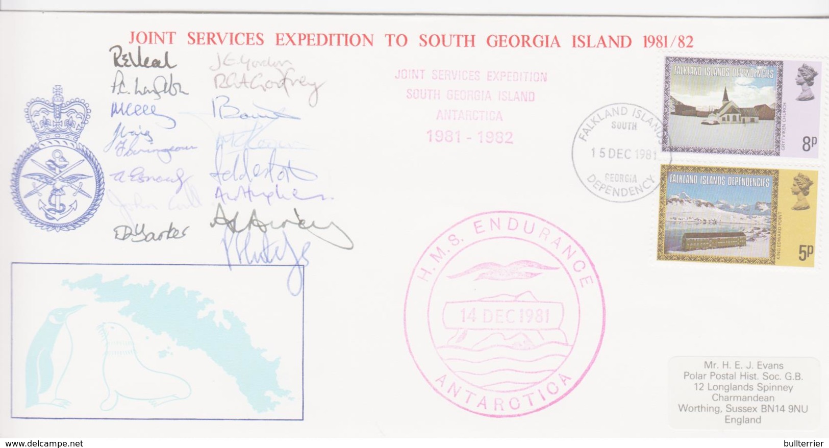 FALKLAND ISLANDS - 1981- JOINT SERVICES EXPEDITION COVER SIGNED AND HMS ENDURANCE CACHET IN RED - Falkland Islands