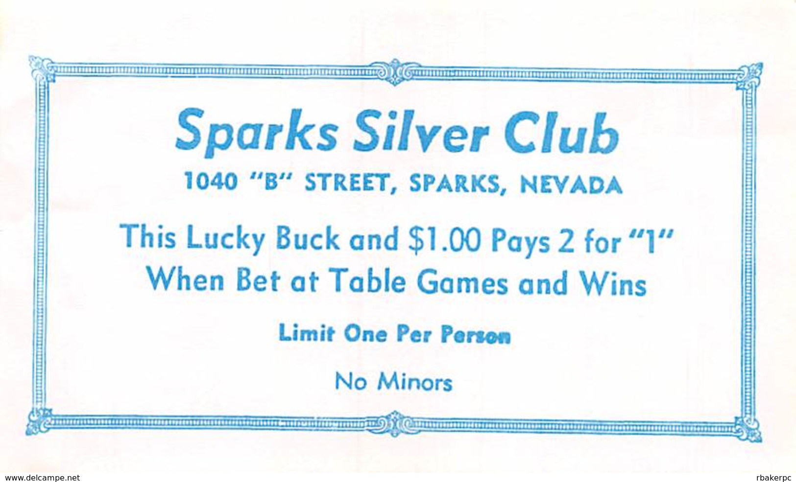 Sparks Silver Club / Casino - Sparks, NV - Lucky Buck Match Play Coupon (blank Reverse) - Advertising