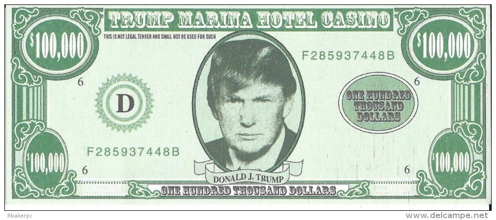 Small Paper $100,000 Bill From The Closed Trump Marina In Atlantic City, NJ - Approx 10.5 X 4.5 Cm - Casino Cards