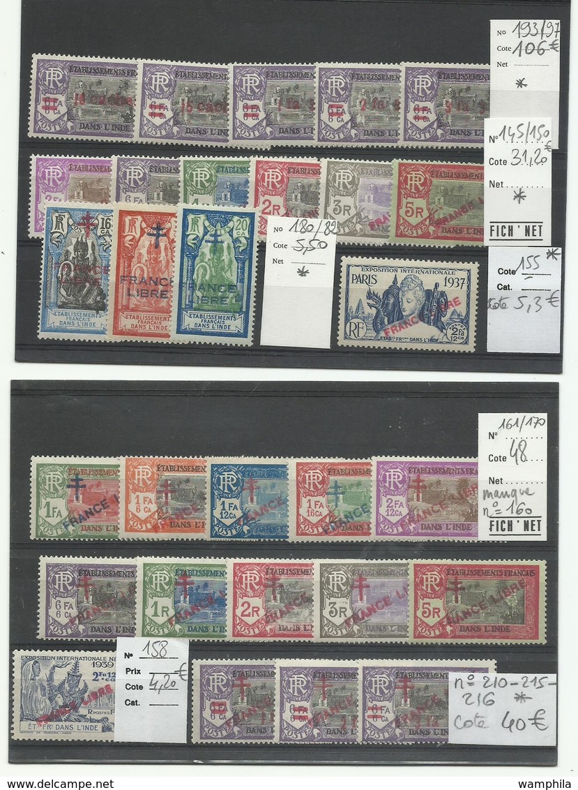 Inde, Surchargés France Libre, Séries Incomplètes Neuves, Cote YT 240€ - Unused Stamps