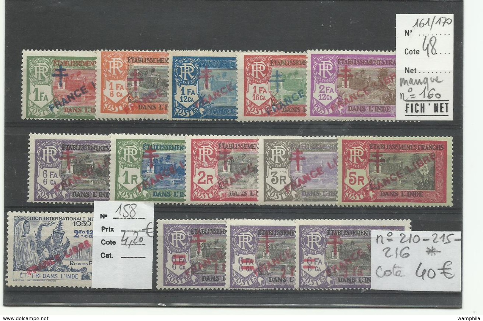 Inde, Surchargés France Libre, Séries Incomplètes Neuves, Cote YT 240€ - Unused Stamps