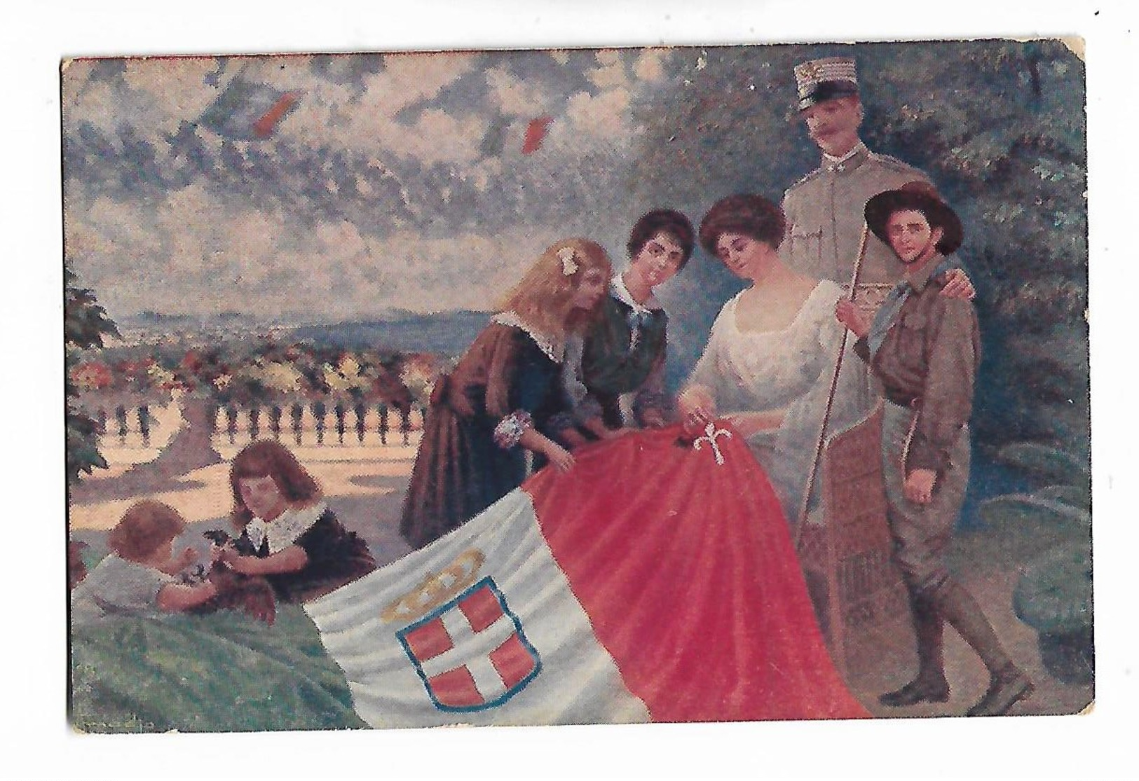 Illustration  -  Soldat  Italien Et  Sa  Famille  Avec  Drapeau  Italienne - Patriottiche