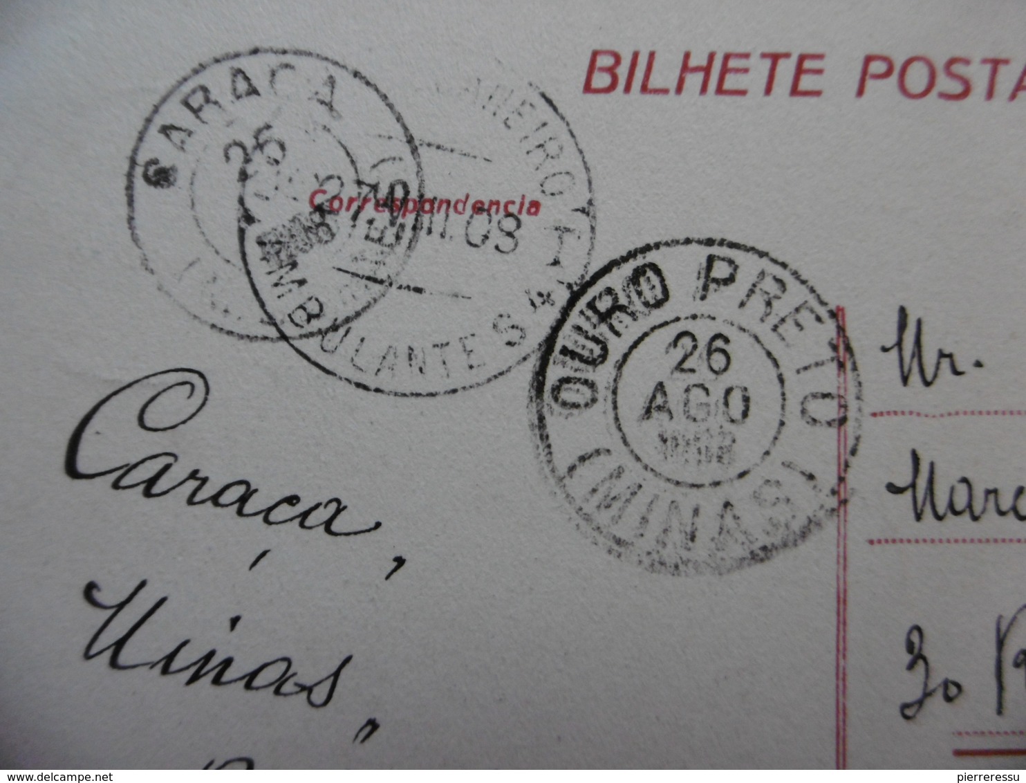 BRESIL CACHET CARACA SUR TIMBRE CACHET OURO PRETO MINAS RIO DE JANEIRO AMBULANTE CPA BARCAS FERRY 1908 - Lettres & Documents