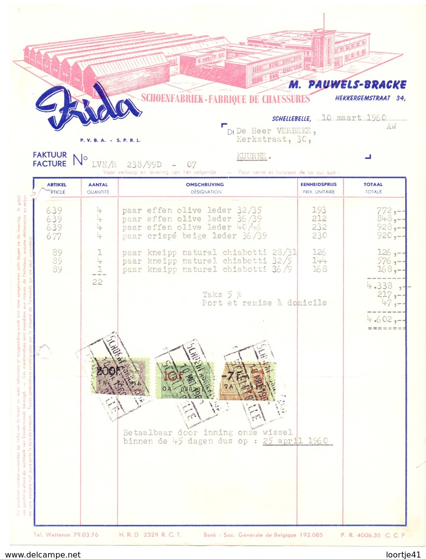 Factuur Facture - Schoenen - Schoenfabriek Frida - Pauwels - Bracke  Schellebelle 1960 - Vestiario & Tessile