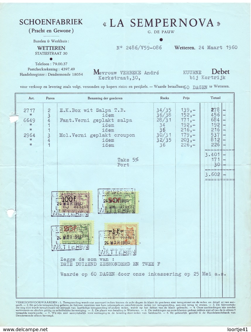 Factuur Facture - Schoenen - Schoenfabriek La Sempernova - Wetteren 1960 - Vestiario & Tessile