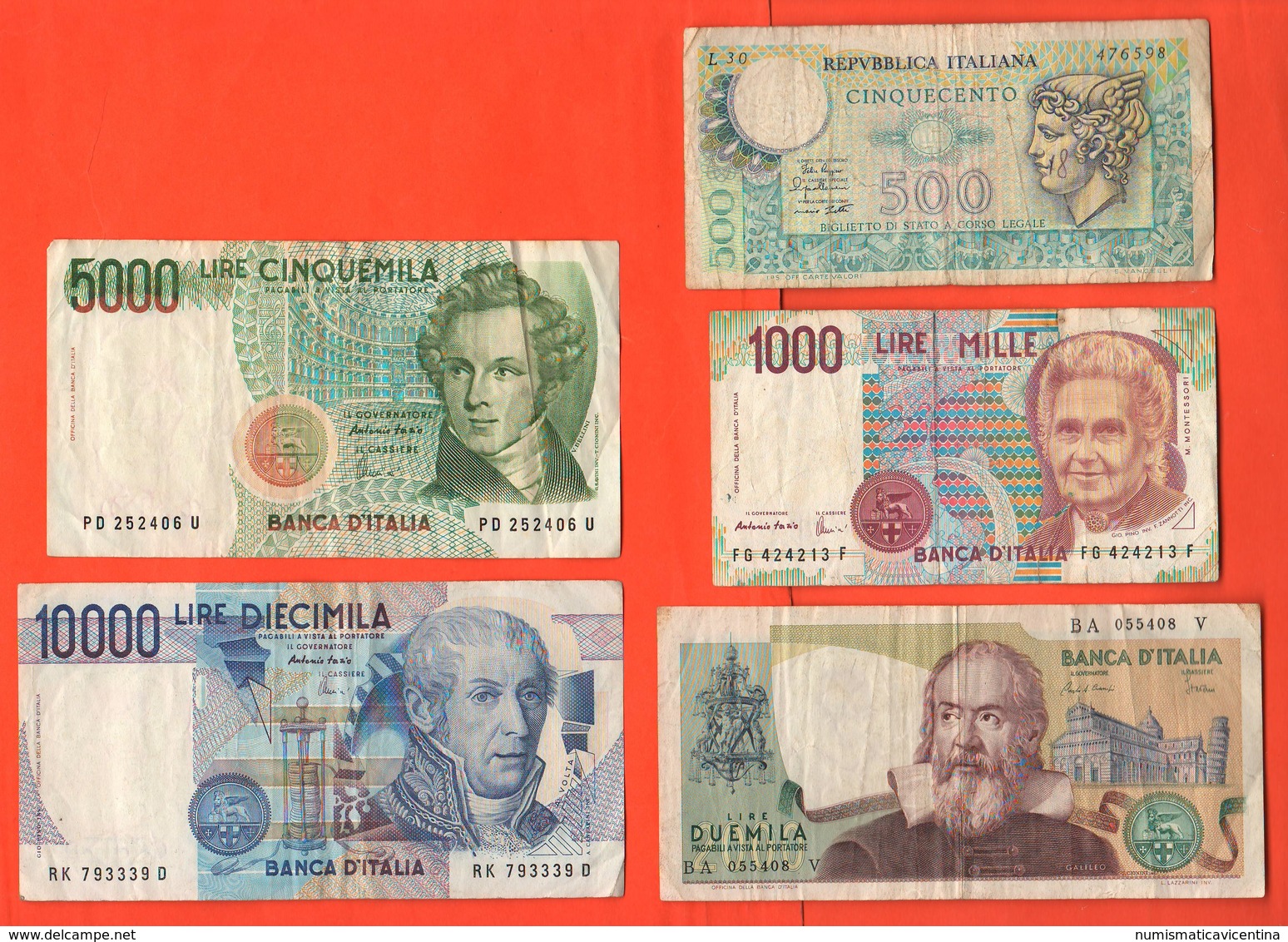 Italia 500 1000 2000 5000 10000 Lire Banconote Repubblica Italiana Lotto 5 Diverse Italian Notes - 1000 Lire