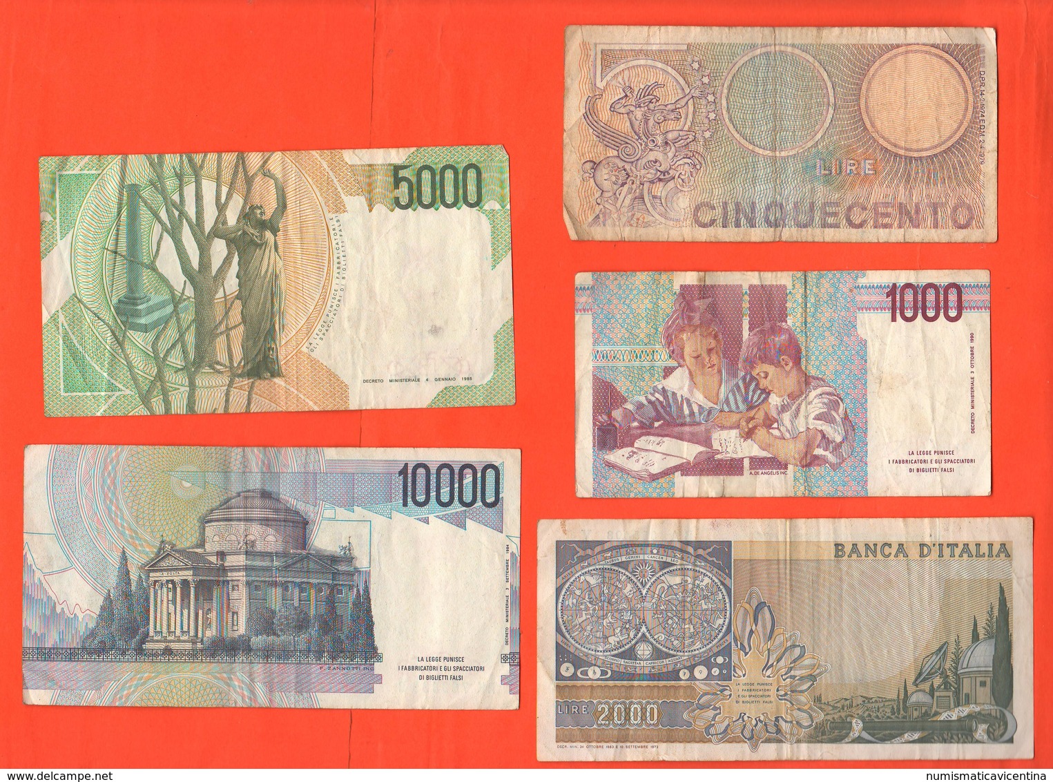 Italia 500 1000 2000 5000 10000 Lire Banconote Repubblica Italiana Lotto 5 Diverse Italian Notes - 1000 Lire