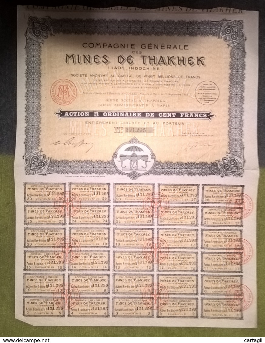 AC -B3532 - Action 100 Francs Mines De Thakhek ( Laos -Indochine) - Altri & Non Classificati