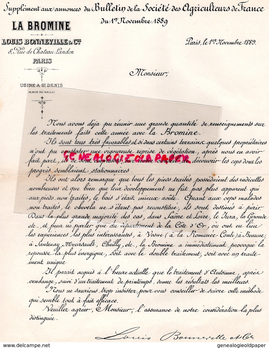 75- PARIS- RARE LETTRE LA BROMINE- LOUIS BONNEVILLE-AGRICULTURE BULLETIN SOCIETE AGRICULTEURS 1889- 8 RUE CHATEAU LANDON - Landwirtschaft