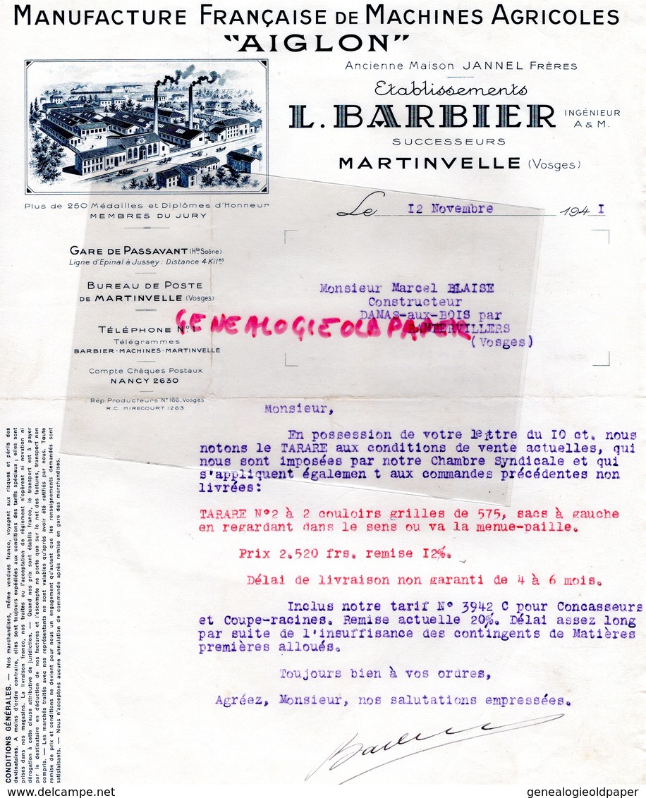 88- MARTINVELLE- RARE LETTRE L. BARBIER-MANUFACTURE FRANCAISE MACHINES AGRICOLES-AIGLON-AGRICULTURE-JANNEL FRERES-1941 - Landbouw