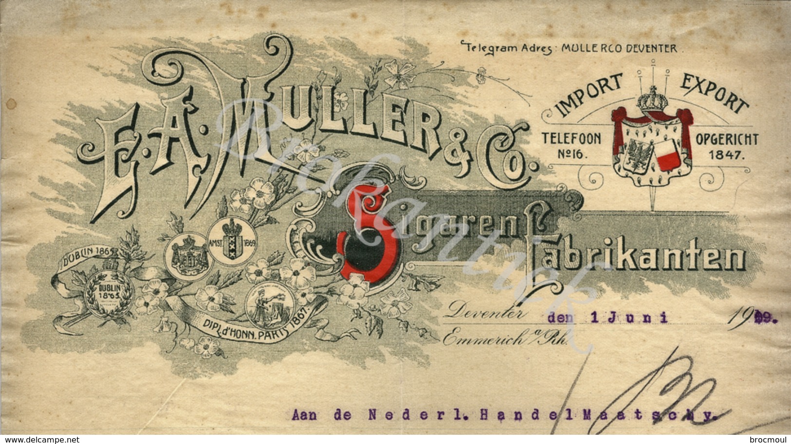 F.A.MULLER & C°  Sigarenfabrikanten  DEVENTER  Brief    01 Juni 1909 - Nederland
