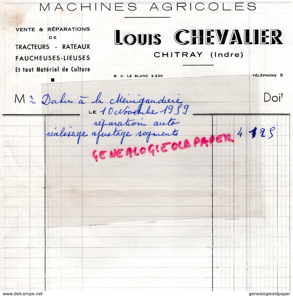 36- CHITRAY- RARE FACTURE LOUIS CHEVALIER- MACHINES AGRICOLES AGRICULTURE- TRACTEUR FAUCHEUSE-1959 - Agriculture