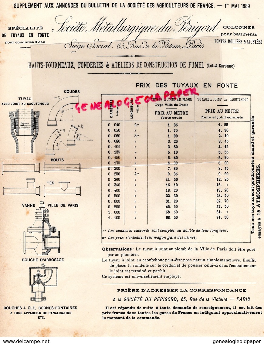 47-FUMEL- SOCIETE METALLURGIQUE PERIGORD- AGRICULTEUR AGRICULTURE 1 ER MAI 1889- HAUTS FOURNEAUX-FONDERIES - 1800 – 1899