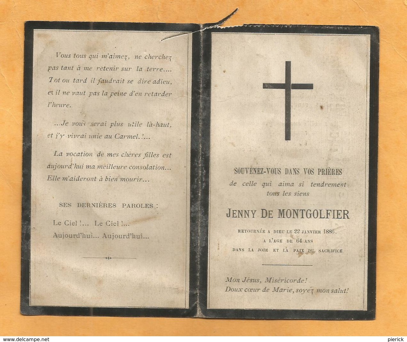 CARTE MEMOIRE  MORTUAIRE GENEALOGIE FAIRE PART DECES JENNY JEANNE DE MONTGOLFIER SAINT MARCEL LES ANNONAY 1821 1886 - Décès