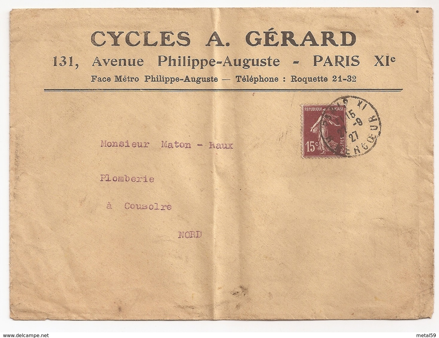 Enveloppe Cycles  A. Gérard, Paris (vélos, Sport, Cyclisme) 1927 - Autres & Non Classés