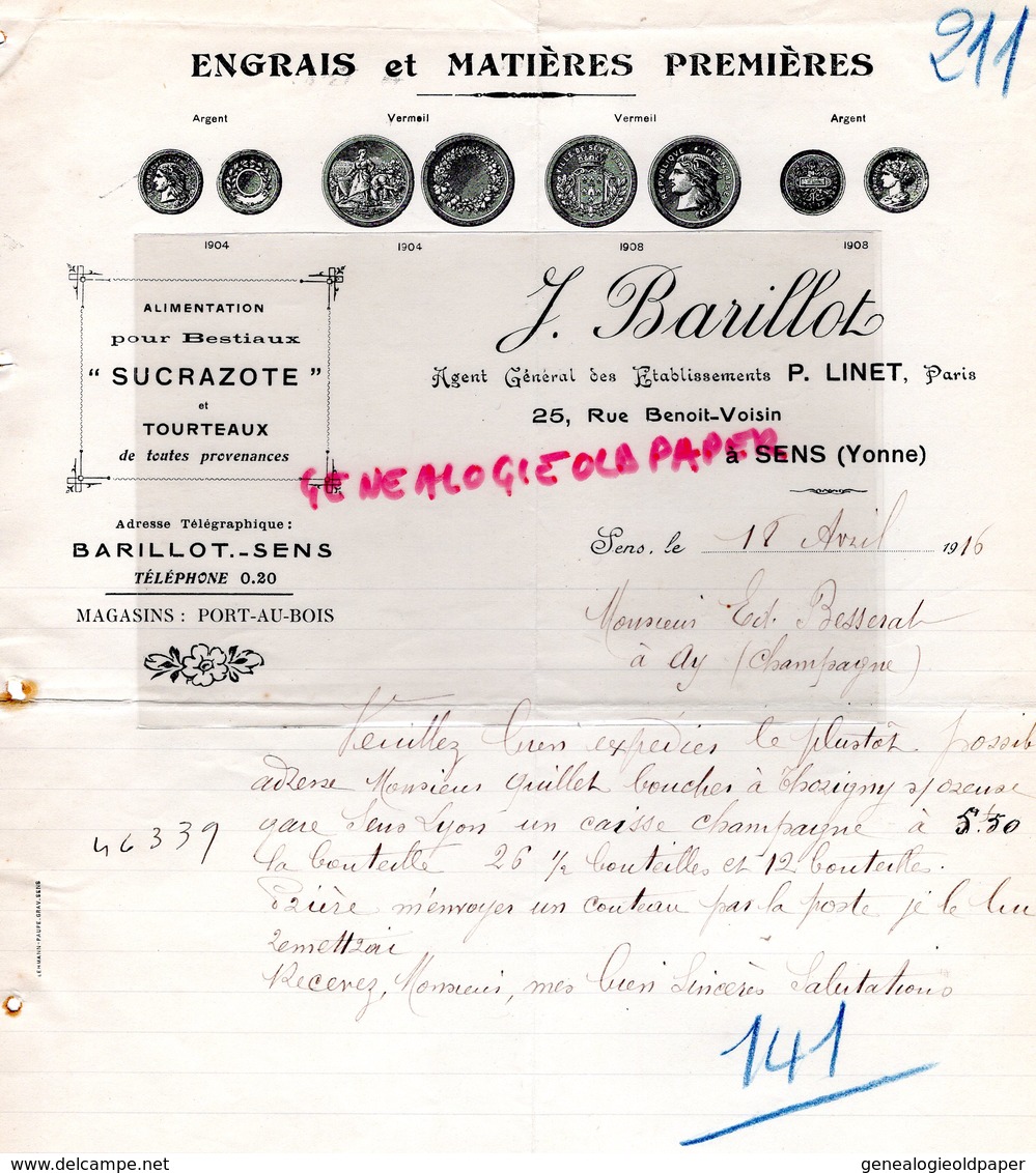 89- SENS - RARE LETTRE MANUSCRITE J. BARILLOT-ENGRAIS AGRICULTURE -SUCRAZOTE- 25 RUE BENOIT VOISIN-1916 - Agriculture