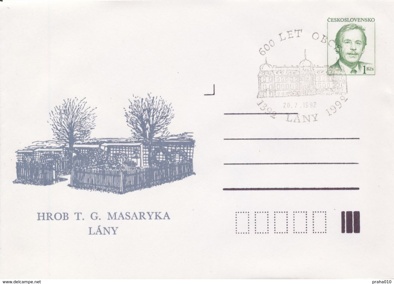 J0858 - Tchécoslovaquie (1992) Entiers Postaux / Président V. Havel: Lany - Tombe De T. G. Masaryk (600 Ans De Village) - Buste