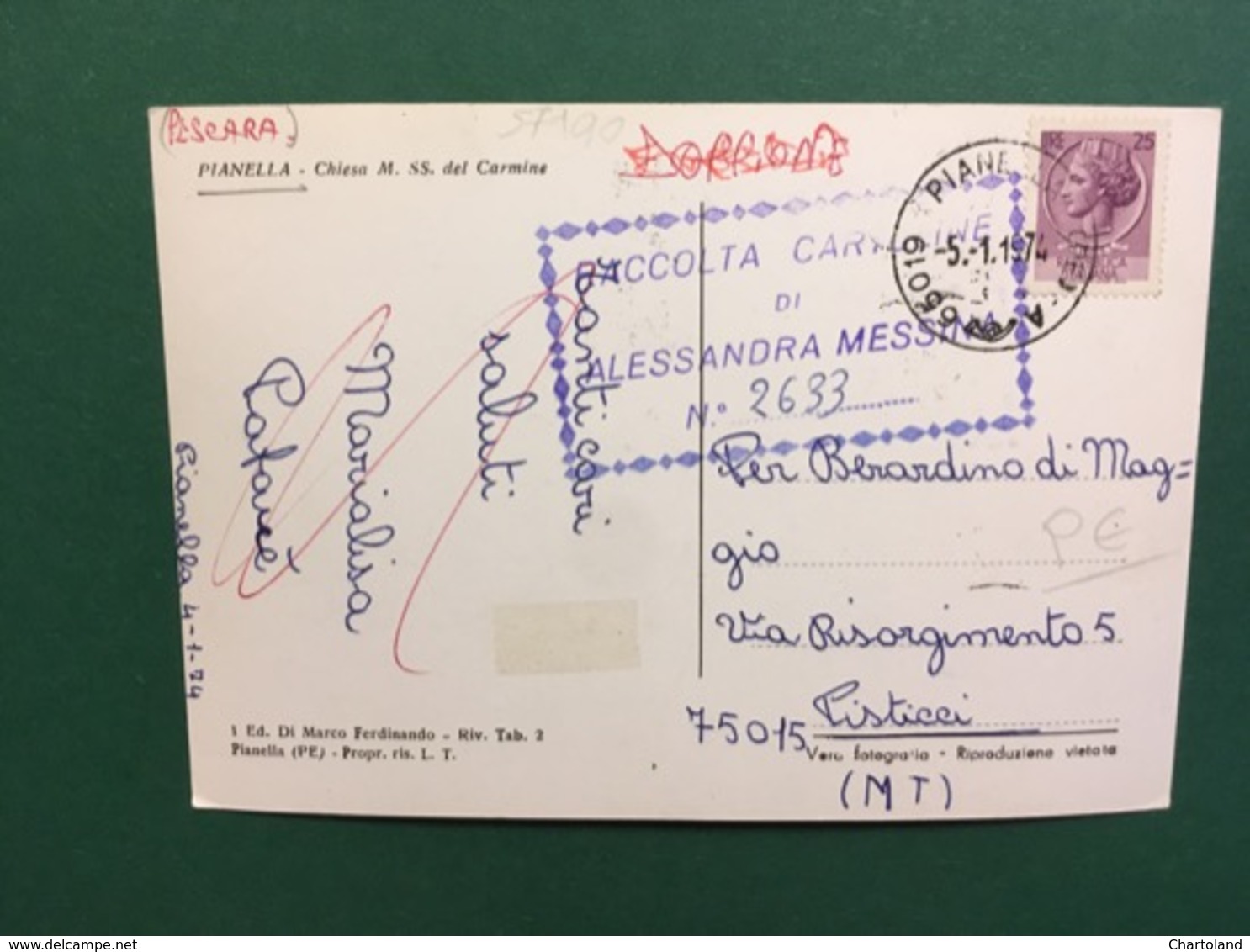 Cartolina Pianella - Chiesa M. SS. Del Carmine - 1974 - Pescara