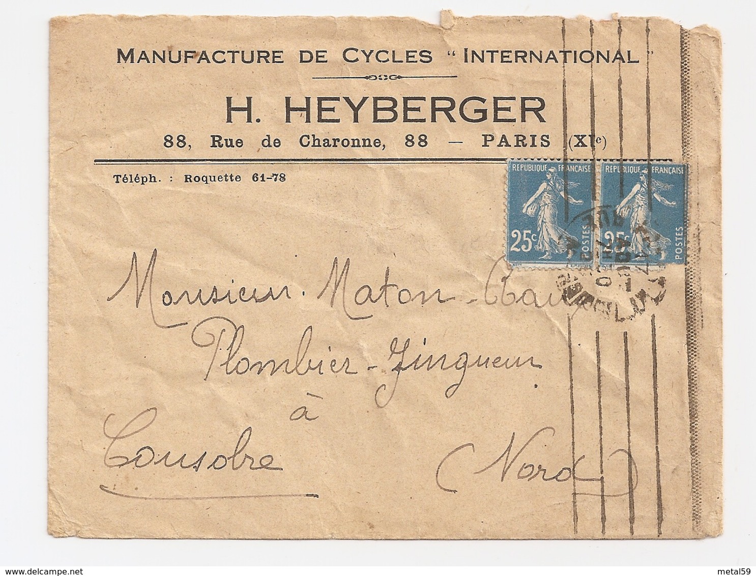 Enveloppe Manufactures Cycles "International" H. Heyberger, Paris (vélos, Sport, Cyclisme) 1928 - Autres & Non Classés