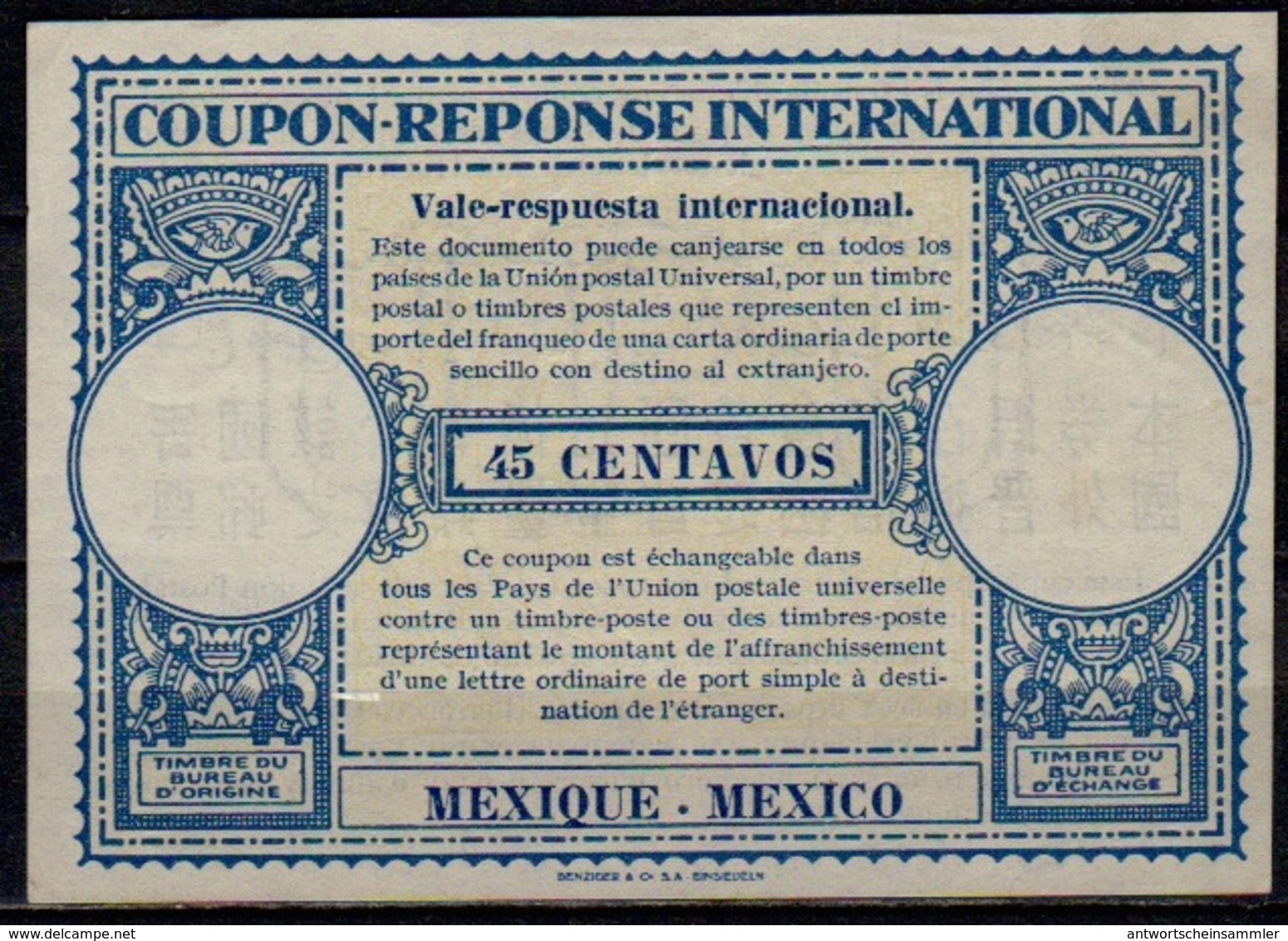 MEXICO / MEXIQUE Ca 1948, London Type XVr 45 CENTAVOS International Reply Coupon Reponse Antwortschein IAS IRC Mint ** - Messico